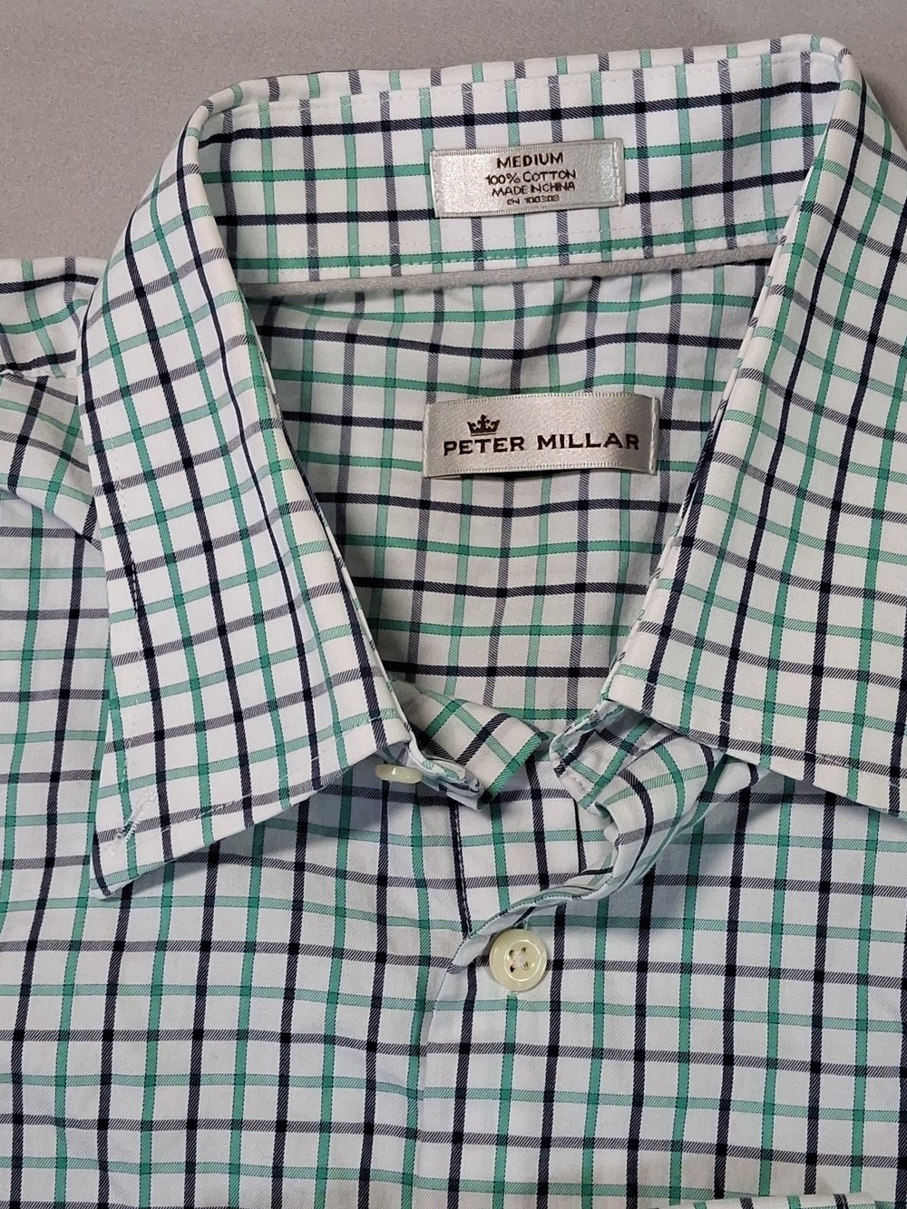 Peter Millar White Shirt with Navy & Green Plaid
